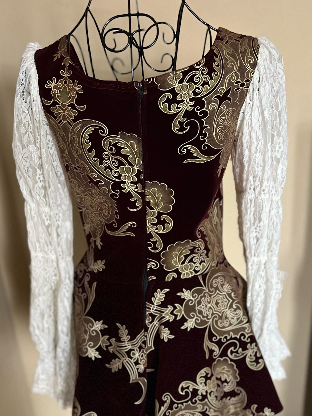 Pirate Lady- Medieval-Inspired Lace-Up Tunic Dress in Burgundy with White Lace - Picture 4 of 7